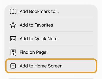 The share sheet: Add to Home Screen, circled